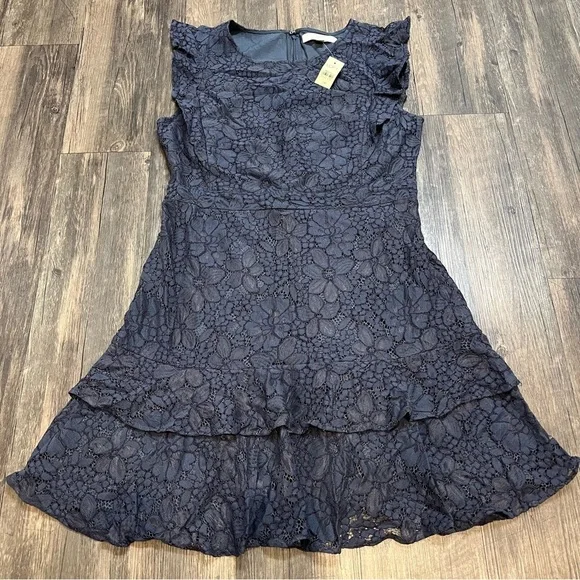 NWT Loft Navy Blue Floral Lace Ruffle Mini Flutter Sleeve Cocktail Dress 10P - Picture 3 of 15